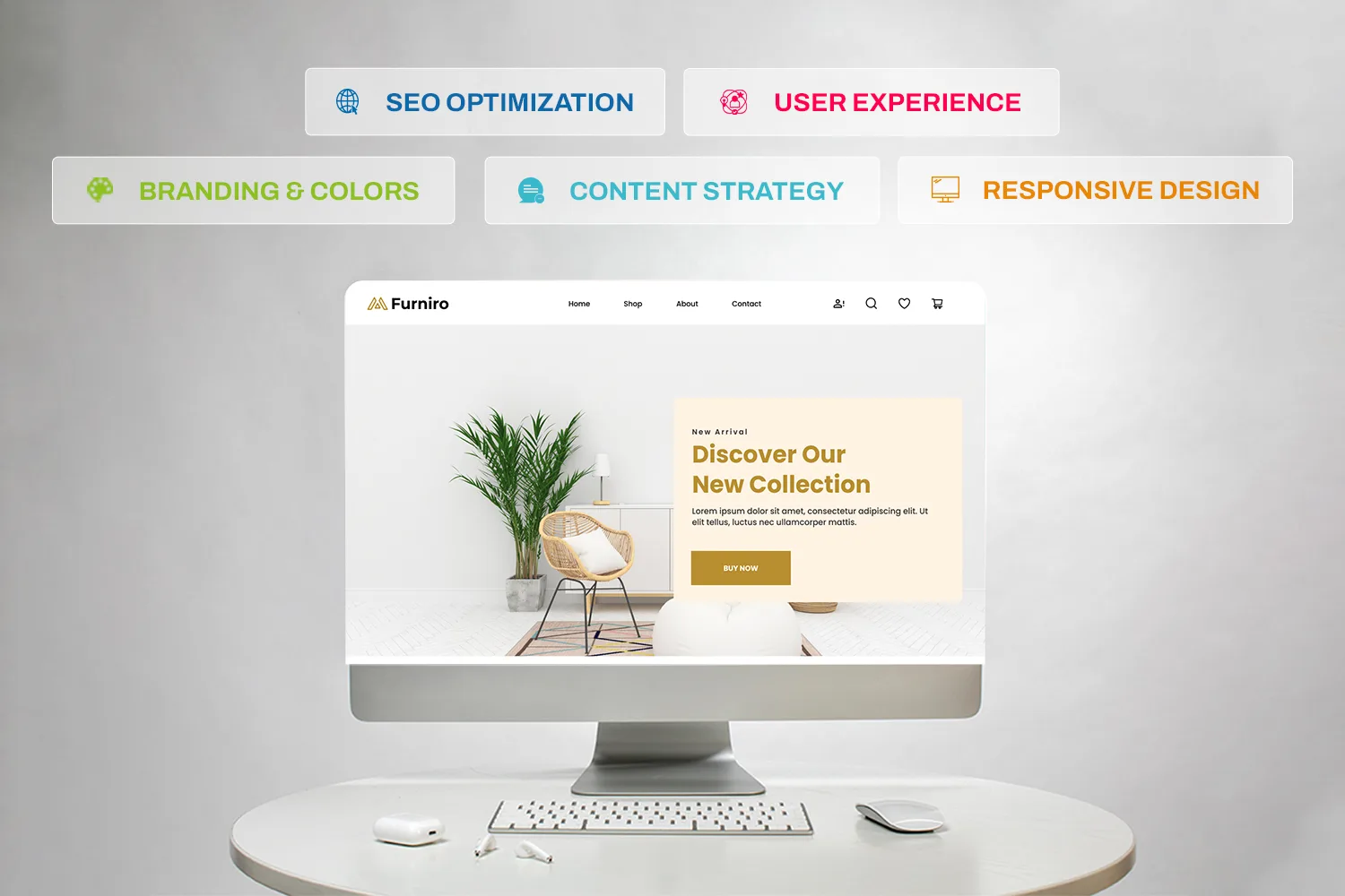 Mockup of a laptop showing a small business website with keywords around it including SEO Optimization, Responsive Design, Content Strategy, Branding & Colors, and User Experience, representing key website features and design elements.